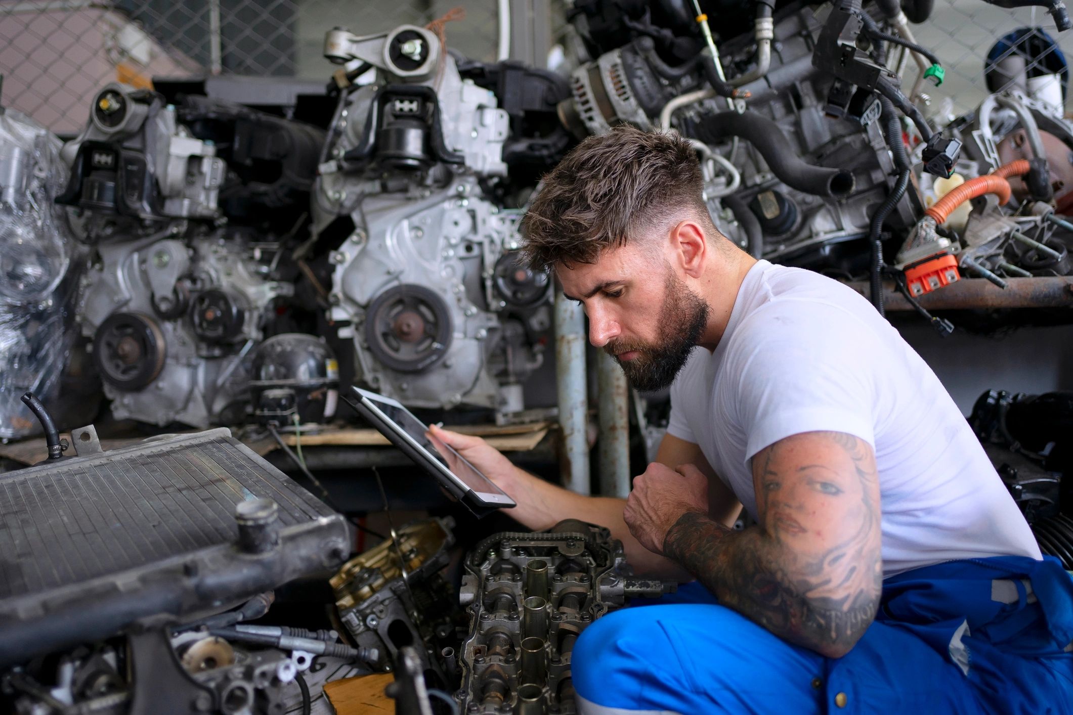 Technician working in an auto repair shop during diagnostics and repair.